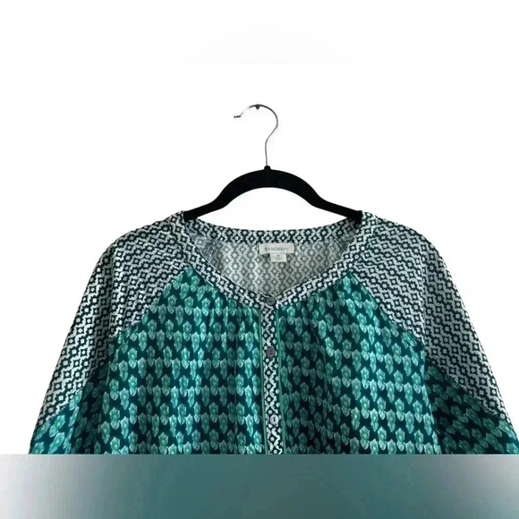 SUNDANCE Blouse Women's Size M Teal White Cotton Contrast Patterns Long Sleeve - Picture 10 of 13